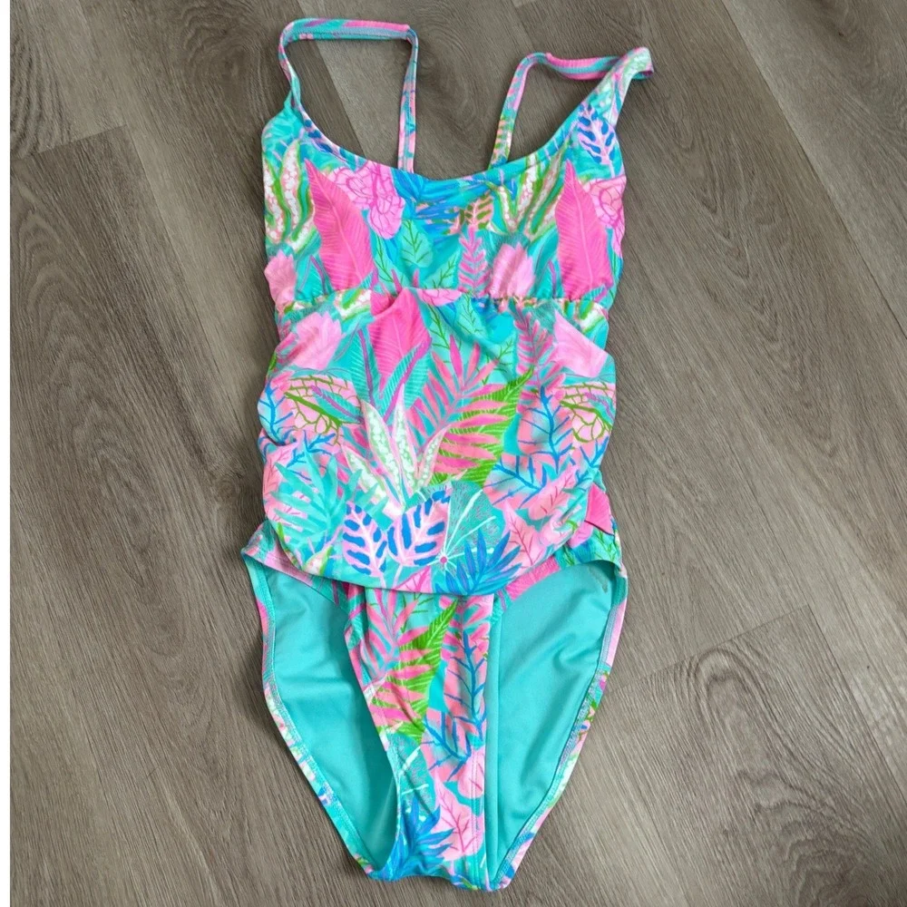 Lilly Pulitzer Tropical Leaf Print One Piece Swimsuit Ruched Pink Teal Blue